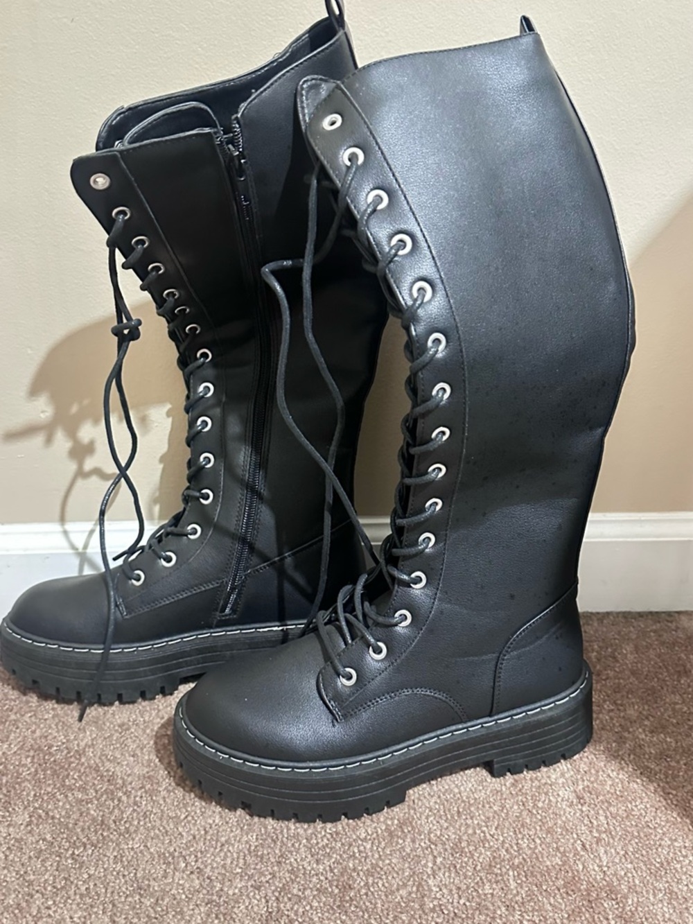 Women's Black Lace-Up Platform Knee-High Boots